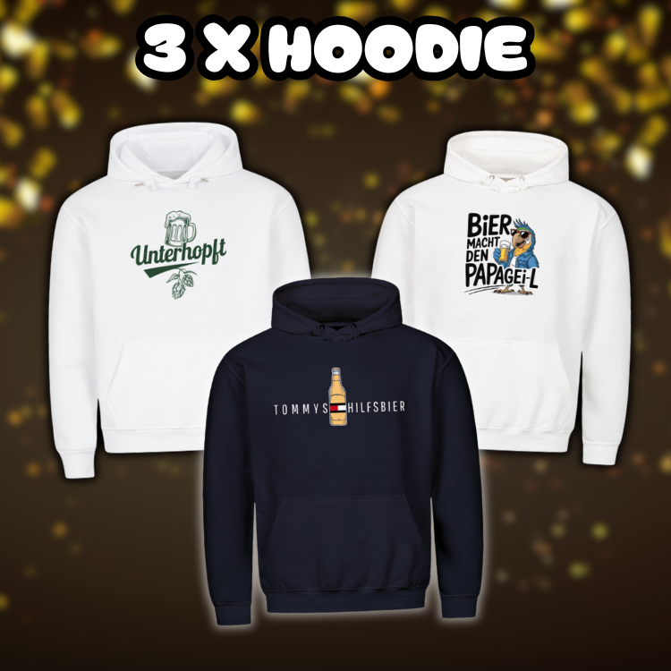 3er-Hoodie-Bundle mit den Motiven "Unterhopft," "Tommys Hilfsbier" und "Bier macht den Papageil" Navy Blau, Weiß. Perfekt für Bier, Party und Malle-Fans.