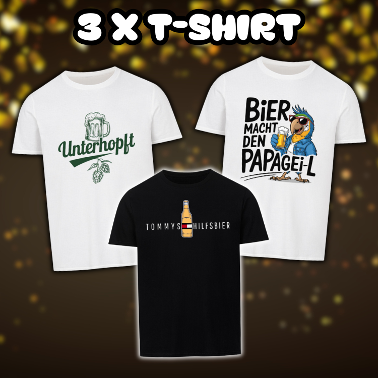 3er-Shirt-Bundle "Unterhopft, Tommys Hilfsbier, Bier macht den Papageil" in Schwarz und Weiß, ideal für Partys, Malle und Bierliebhaber.