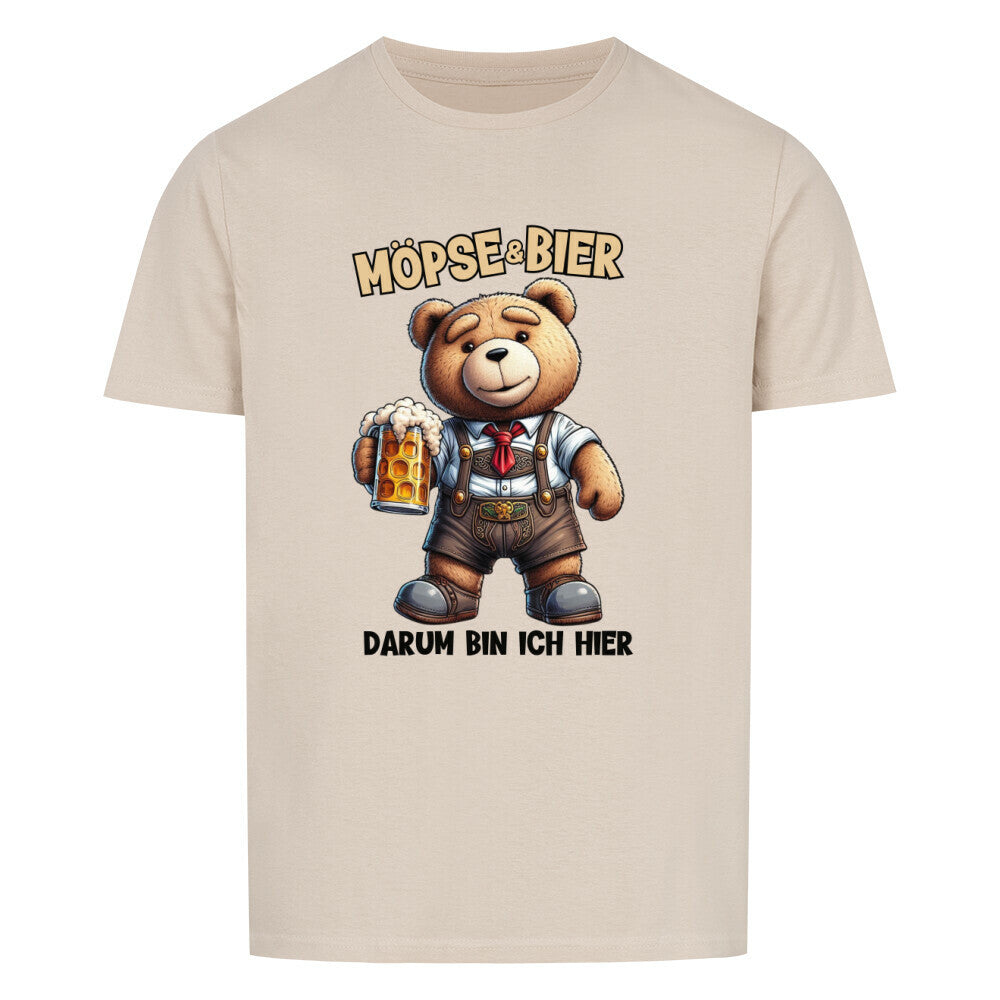 in Lustiges Partyshirt mit dem Spruch Moepse und Bier darum bin ich hier. Farbe Sand