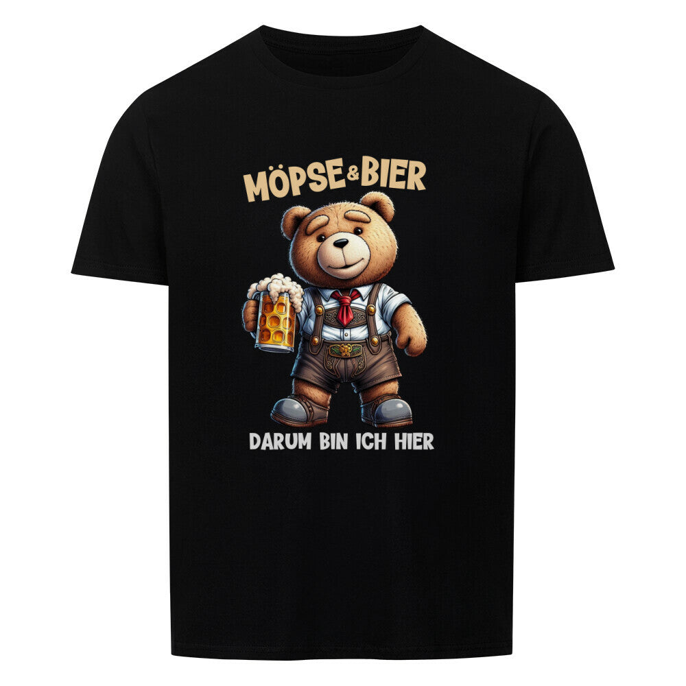 Ein Lustiges Partyshirt mit dem Spruch Moepse und Bier darum bin ich hier. Farbe Schwarz