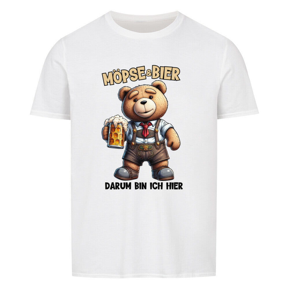 Ein Lustiges Partyshirt mit dem Spruch Moepse und Bier darum bin ich hier. Farbe Weiss