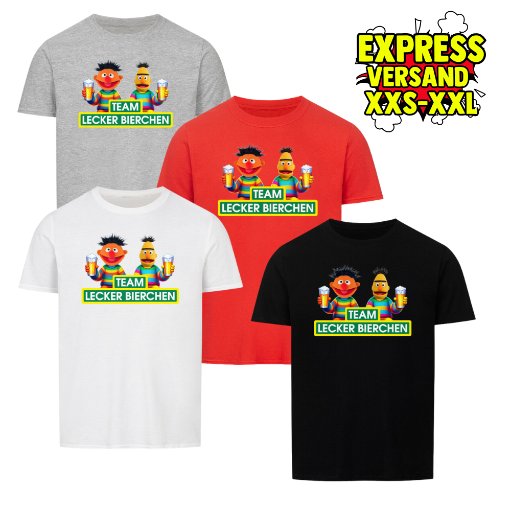 Ein Lustiges Partyshirt mit dem Spruch Team Lecker Bierchen. Farbe Schwarz, Weiß, Rot, Grau