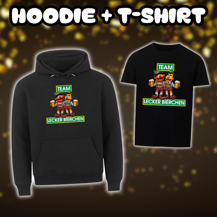 Ein lustiges Party-Outfit mit dem Spruch "Team Lecker Bierchen" in Schwarz, Hoodie und Shirt Bundle.