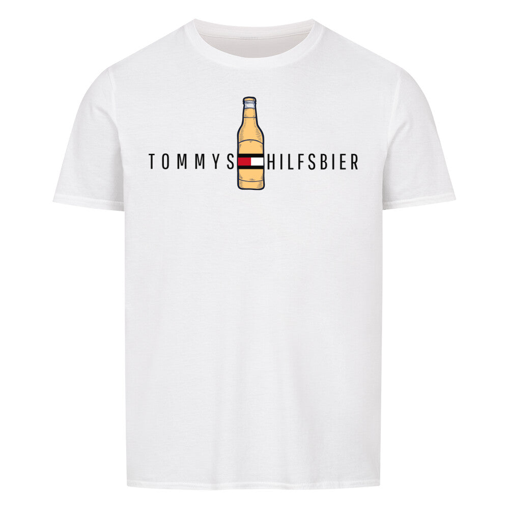Ein Lustiges Partyshirt mit dem Spruch Tommys Hilfsbier. Farbe Weiß