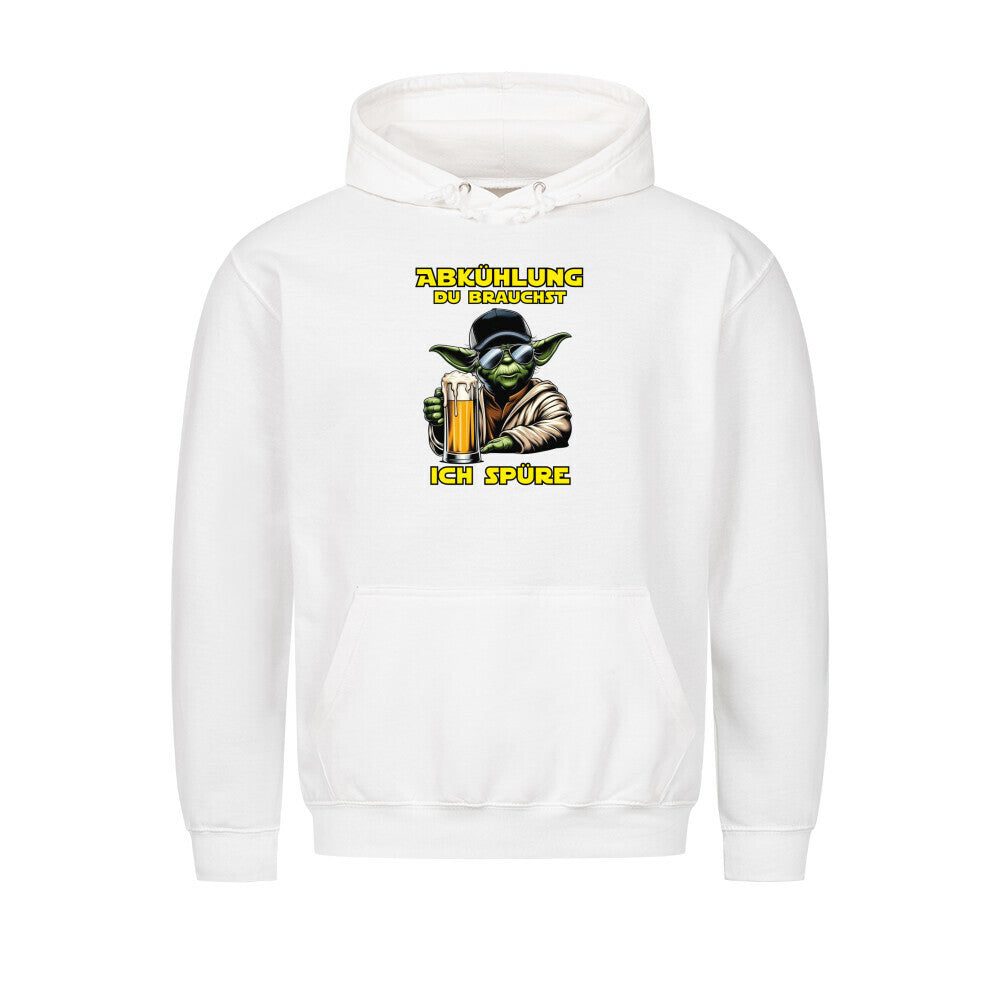 Lustiger Partyhoodie mit dem Spruch Abkuehlung du brauchst ich spuere. Farbe Weiss